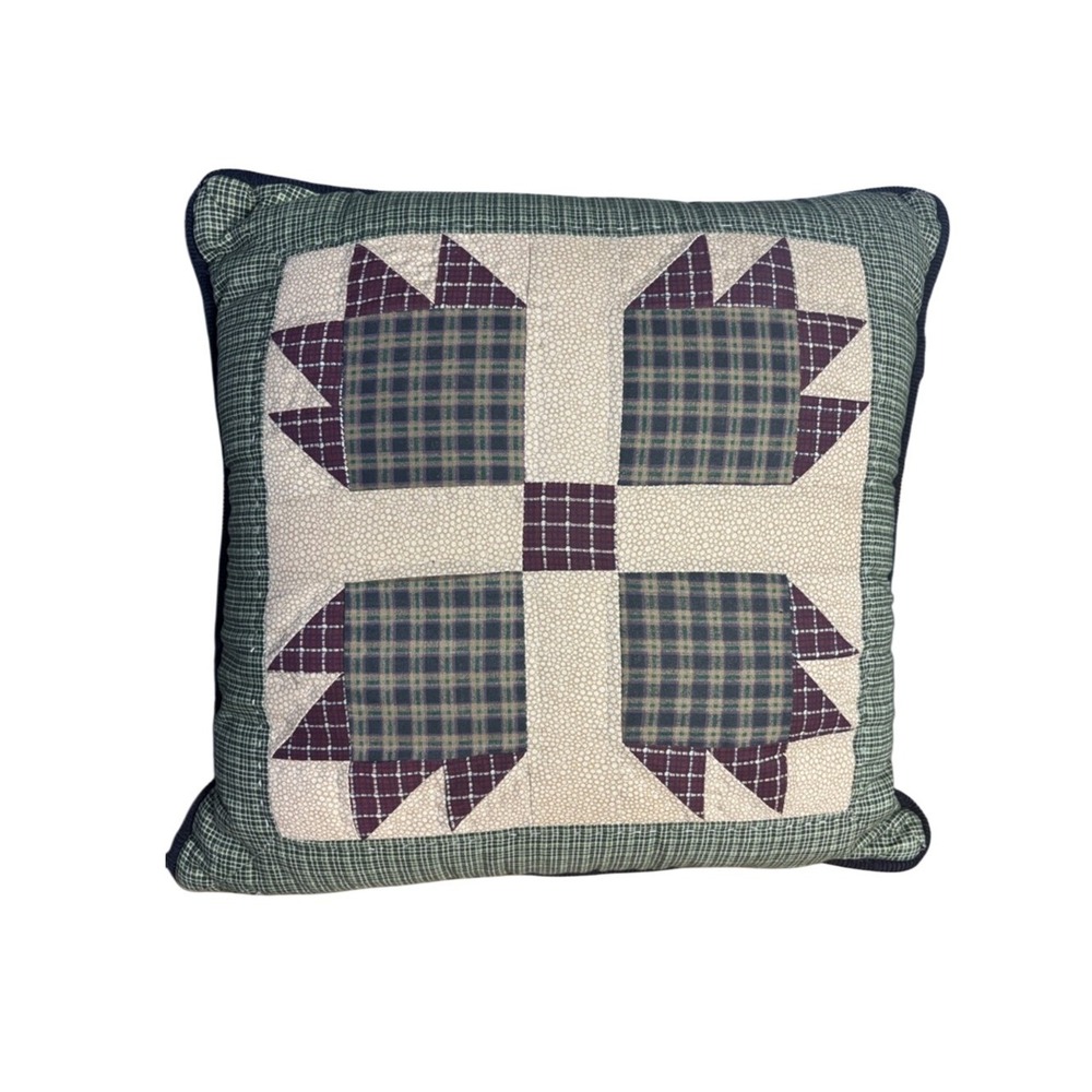 JC‎ Penny Home Collection Vintage Pillow Green Plaid Patchwork & Moose Cabin GUC